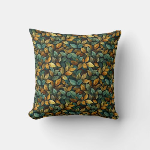 Seasonal green yellow brown copper autumn leaves throw pillow