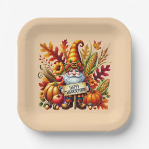 Seasonal Happy Thanksgiving gnome party Paper Plates