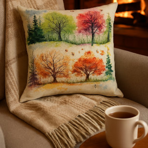 Seasonal Healing Watercolor Trees Throw Pillow