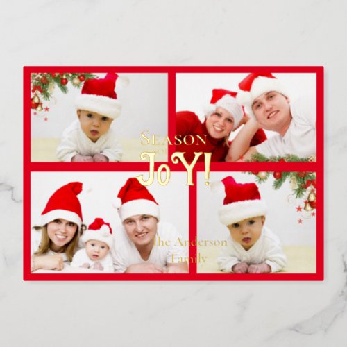 Seasonal Of Joy Family Photo Christmas Wreath Red Foil Holiday Card
