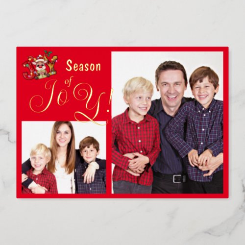 Seasonal Of Joy Family Photo Xmas Wreath Red Frame Foil Holiday Card