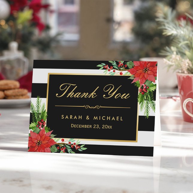 Seasonal Poinsettia Floral B&W Stripes Thank You (Creator Uploaded)