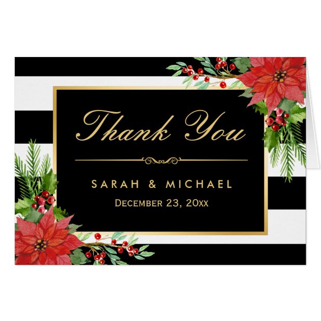 Seasonal Poinsettia Floral B&W Stripes Thank You Card