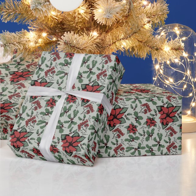 Seasonal Red Poinsettias and Berries Green Wrapping Paper (Holidays)