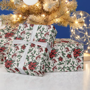 Seasonal Red Poinsettias and Berries Ivory Wrapping Paper