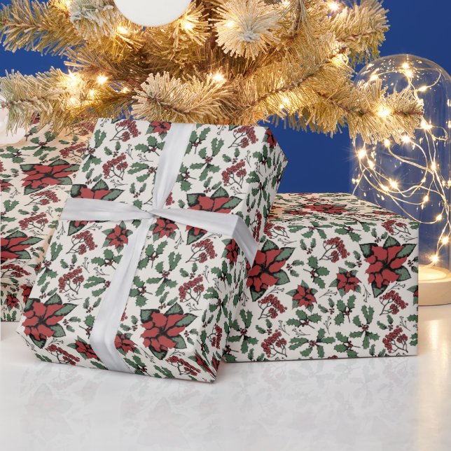 Seasonal Red Poinsettias and Berries Ivory Wrapping Paper (Holidays)