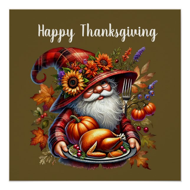 Seasonal Thanksgiving turkey gnome dinner Poster (Front)