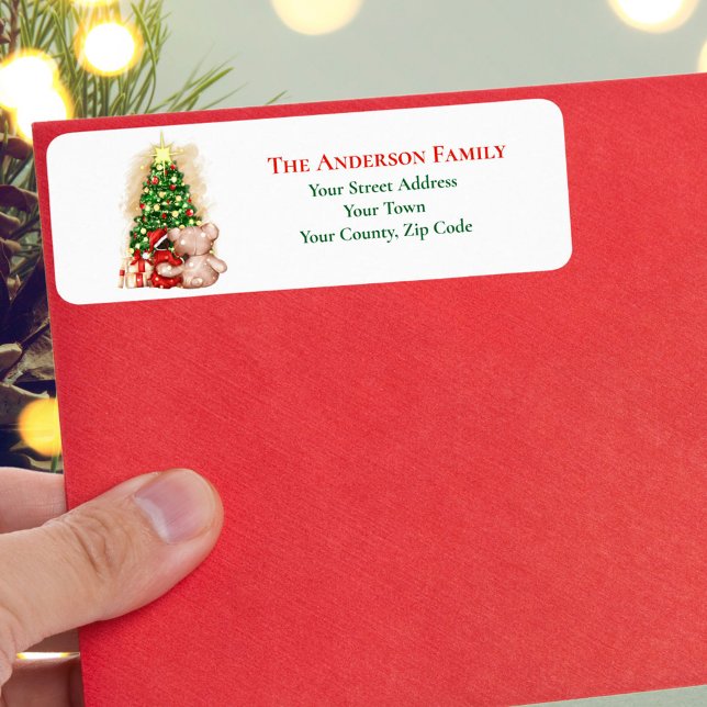 Seasonal Watercolor Christmas Tree Teddy Name Label (Creator Uploaded)