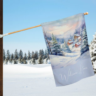 Seasonal Watercolor Landscape Winter House Flag