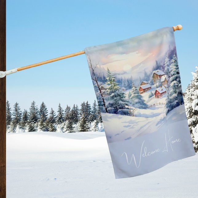 Seasonal Watercolor Landscape Winter  House Flag (Seasonal Watercolor Landscape Winter House Flag)