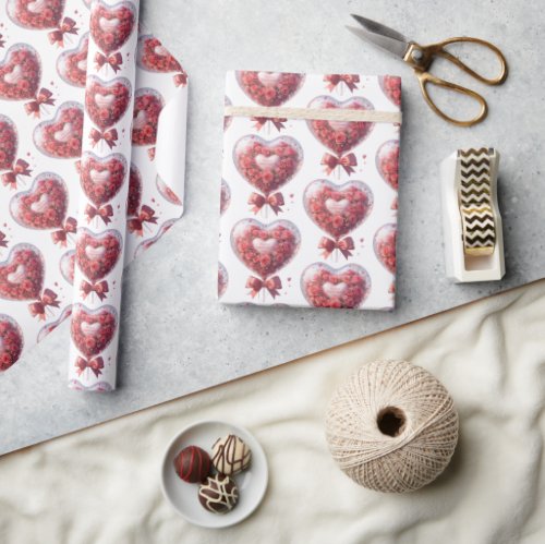 Seasonal wrapping paper with red roses in hearts