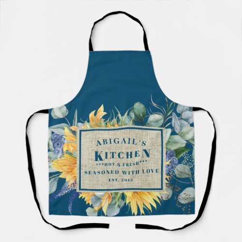 Seasoned with Love Custom Name Blue Floral Apron