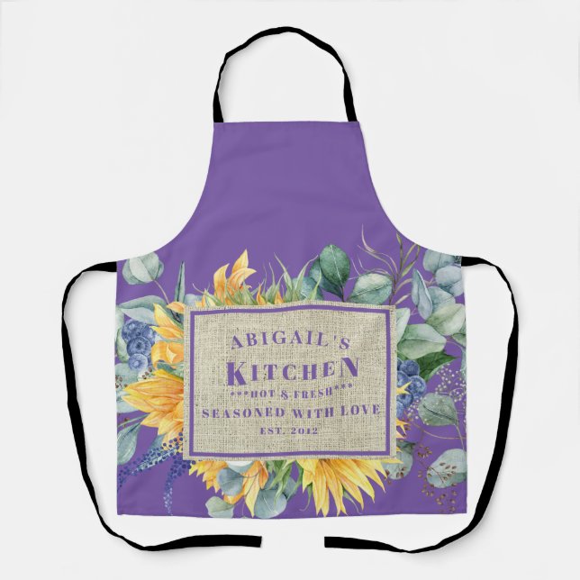 Seasoned with Love Custom Name Lavender Floral Apron (Front)