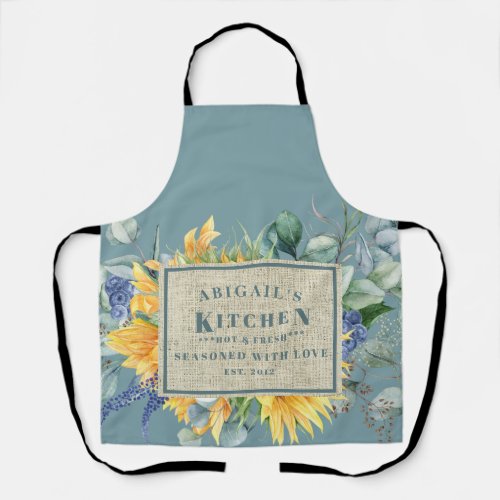 Seasoned with Love Custom Name Teal Floral Apron