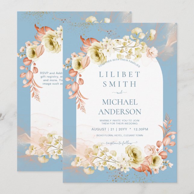 Seasons Dusty Blue Coral Floral Mix Wedding (Front/Back)