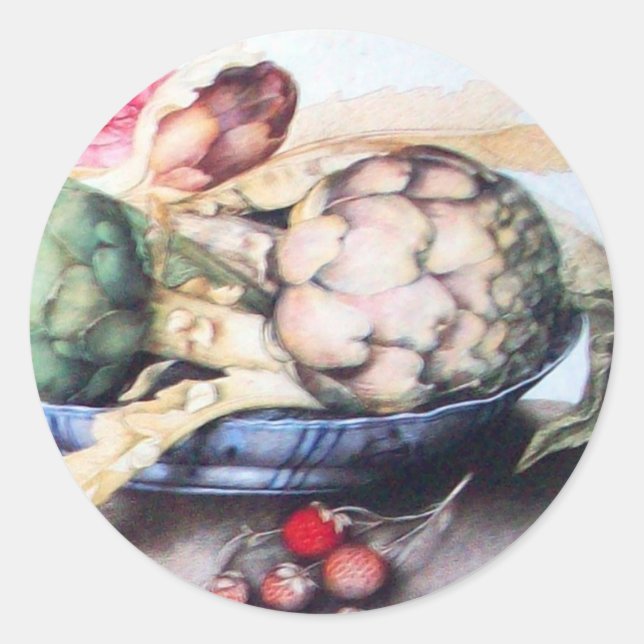 SEASON'S FRUITS 4- ARTICHOKES, ROSE & STRAWBERRIES CLASSIC ROUND STICKER (Front)