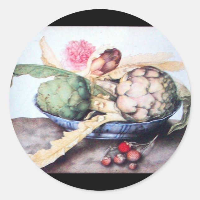 SEASON'S FRUITS 4- ARTICHOKES, ROSE & STRAWBERRIES CLASSIC ROUND STICKER (Front)