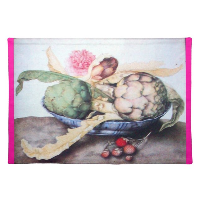 SEASON'S FRUITS 4- ARTICHOKES, ROSE & STRAWBERRIES CLOTH PLACEMAT (Front)