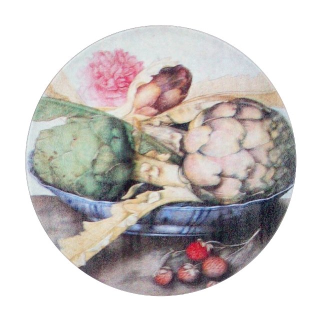 SEASON'S FRUITS 4- ARTICHOKES, ROSE & STRAWBERRIES CUTTING BOARD (Front)