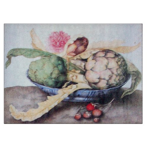 SEASONS FRUITS 4_ ARTICHOKES ROSE  STRAWBERRIES CUTTING BOARD