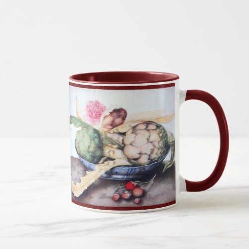 SEASONS FRUITS 4_ ARTICHOKES ROSE  STRAWBERRIES MUG