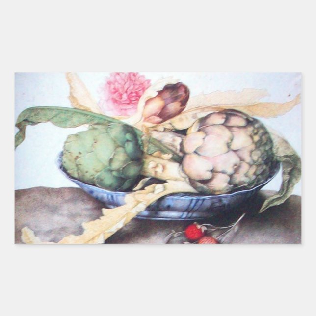 SEASON'S FRUITS / ARTICHOKES, ROSE & STRAWBERRIES RECTANGULAR STICKER (Front)