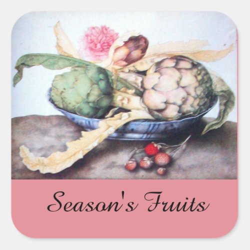 SEASONS FRUITS  ARTICHOKES ROSE  STRAWBERRIES SQUARE STICKER