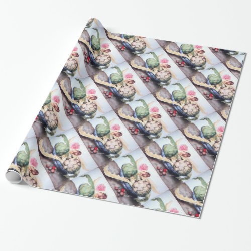 SEASONS FRUITS  ARTICHOKES ROSE  STRAWBERRIES WRAPPING PAPER