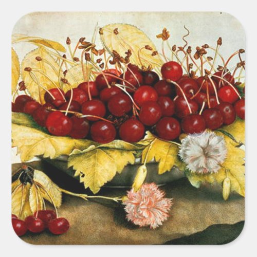 SEASONS FRUITS CHERRIES AND CARNATIONS Still Life Square Sticker