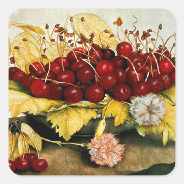 SEASON'S FRUITS CHERRIES AND CARNATIONS Still Life Square Sticker (Front)