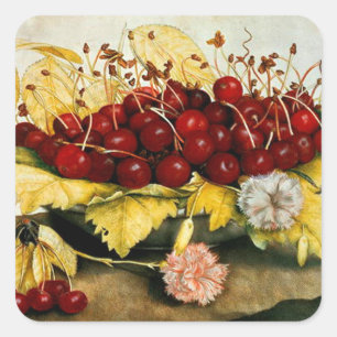 SEASON'S FRUITS CHERRIES AND CARNATIONS Still Life Square Sticker