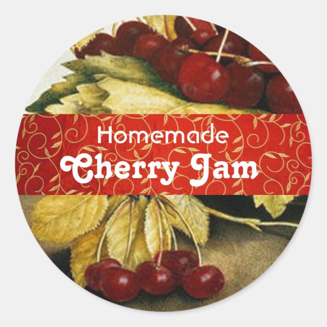 SEASON'S FRUITS CHERRIES ,CHERRY JAM Preserve Jar Classic Round Sticker (Front)