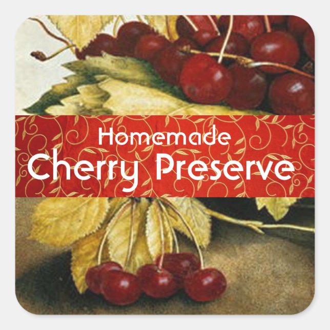 SEASON'S FRUITS CHERRIES ,CHERRY Preserve,Jam Jar Square Sticker (Front)