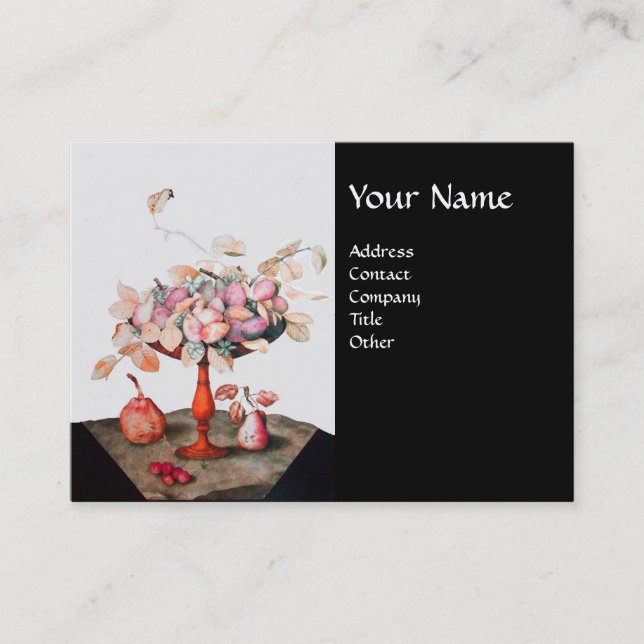 SEASON'S FRUITS FLOWERS,LEAVES MONOGRAM Pink Black Business Card (Front)