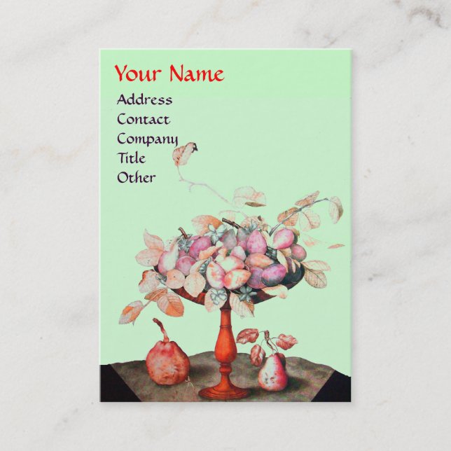 SEASON'S FRUITS FLOWERS,LEAVES MONOGRAM Pink Green Business Card (Front)