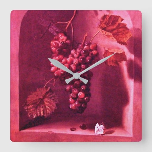 SEASONS FRUITS HANGED GRAPES Antique Red Rustic Square Wall Clock