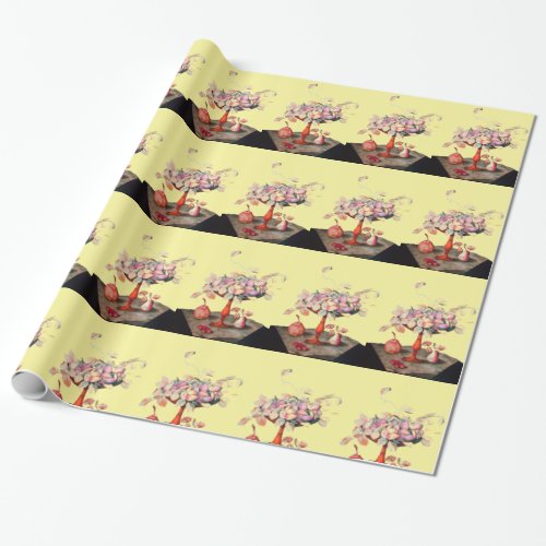SEASONS FRUITS  JASMINES AND PRUNES Yellow Wrapping Paper
