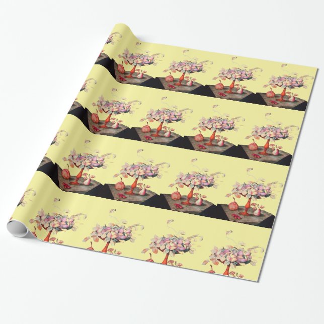 SEASON'S FRUITS / JASMINES AND PRUNES Yellow Wrapping Paper (Unrolled)