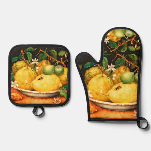 SEASONS FRUITS LEMONS AND WHITE FLOWERS OVEN MITT  POT HOLDER SET