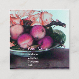 SEASON'S FRUITS Peaches,Prunes ,Leaves Grey Pink Square Business Card