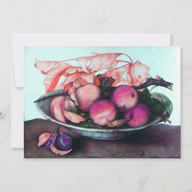 SEASON'S FRUITS,PEACHES,PRUNES,LEAVES Pink Blue Announcement (Front)