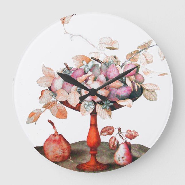 SEASON'S FRUITS PRUNES,PEARS,LEAVES IN FRUIT BOWL LARGE CLOCK (Front)
