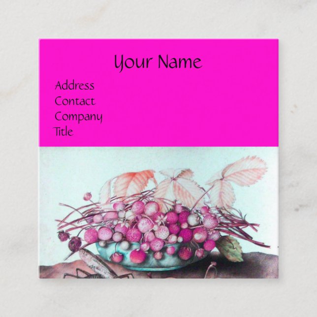 SEASON'S FRUITS,STRAWBERRIES,PEARS Hot Pink Square Business Card (Front)