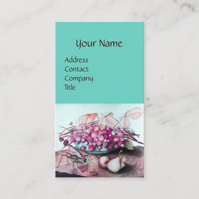 SEASON'S FRUITS /STRAWBERRIES,PEARS Pink Teal Blue Business Card (Front)
