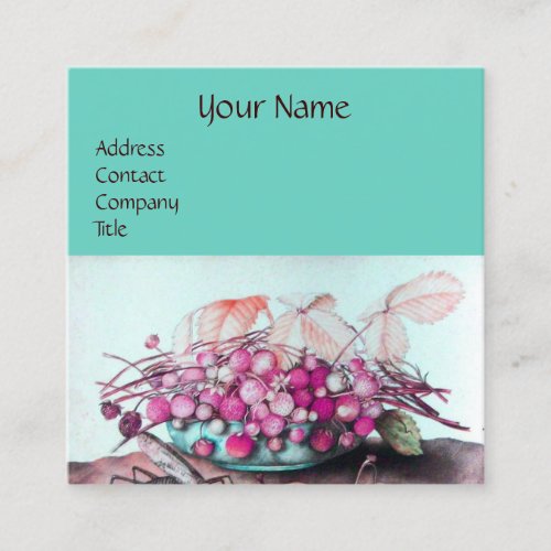 SEASONS FRUITS STRAWBERRIESPEARS Pink Teal Blue Square Business Card