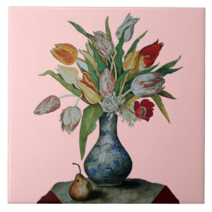SEASON'S FRUITS / TULIPS IN VASE AND PEAR CERAMIC TILE