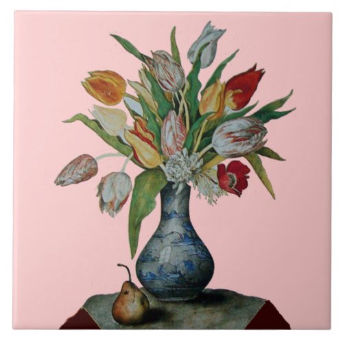 SEASONS FRUITS  TULIPS IN VASE AND PEAR CERAMIC TILE