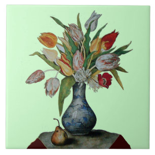SEASON'S FRUITS,TULIPS IN VASE AND PEAR Soft Green Ceramic Tile