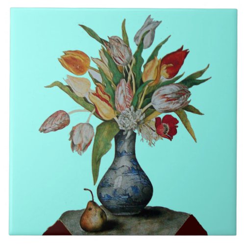 SEASONS FRUITS TULIPS IN VASE AND PEAR Teal Blue Ceramic Tile