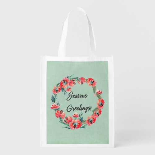 Seasons Greatings Red Floral Watercolor Wreath Grocery Bag